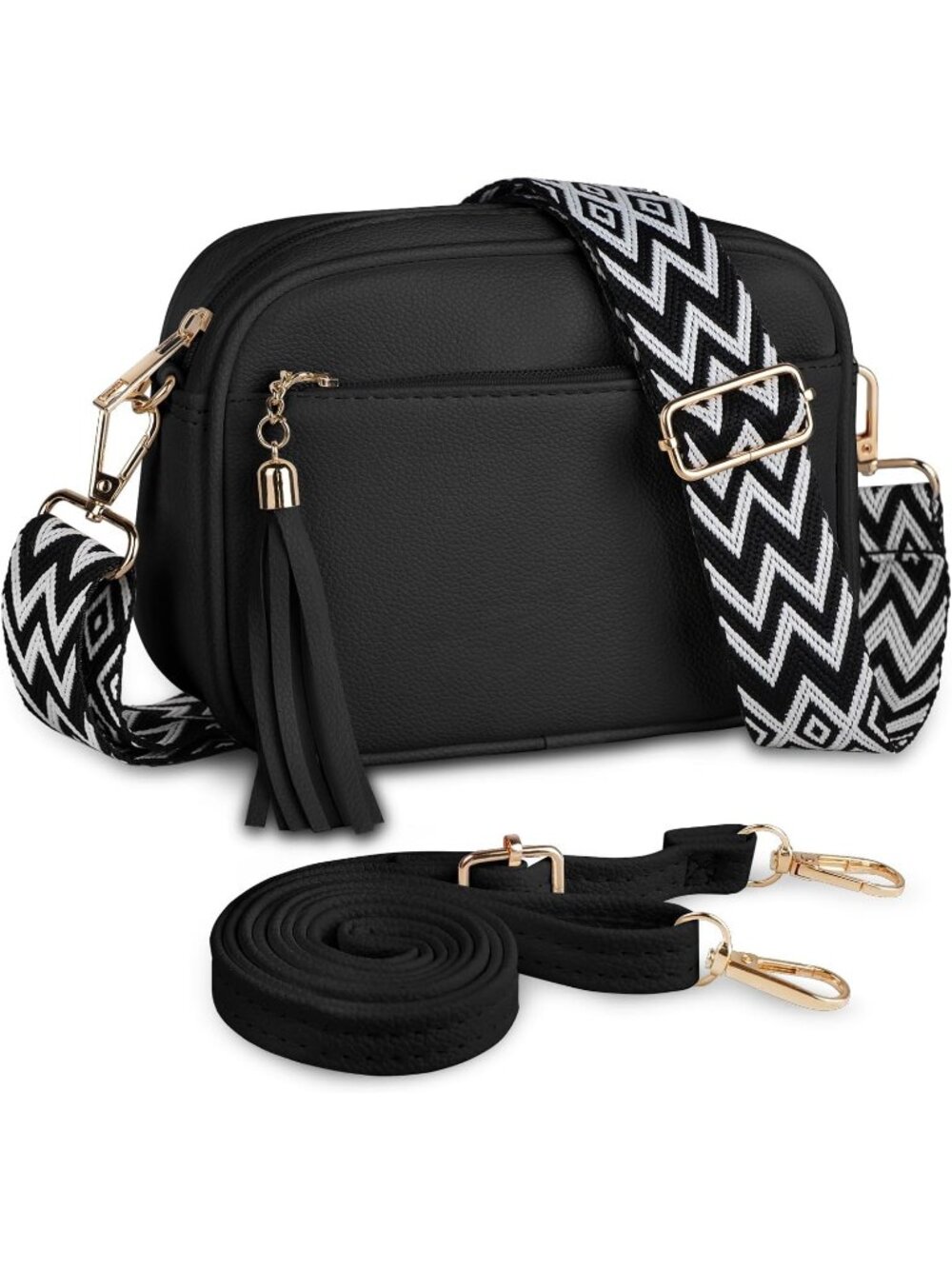 Women's Black Faux Leather Small Shoulder Purse Crossbody Bag with Wide Strap